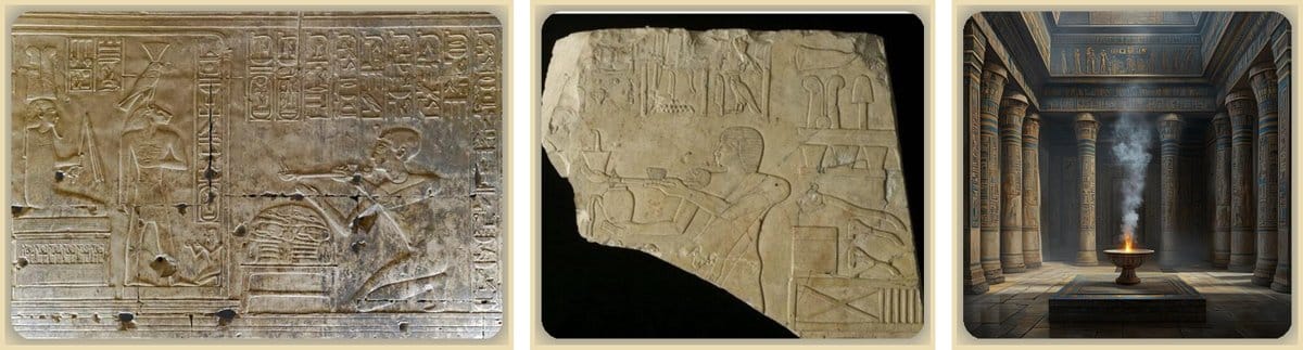 Reliefs et scènes de rituels avec encens oliban dans les temples de l'Égypte ancienne