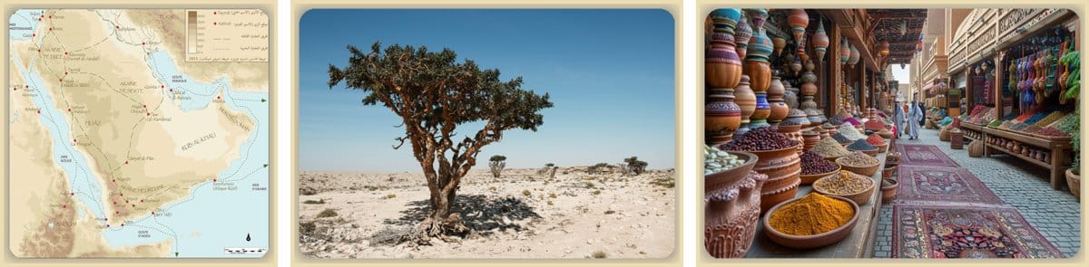 Route de l’encens avec carte antique, arbre à oliban et commerce traditionnel au Moyen-Orient